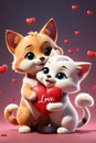 A cute and adorable valentine cat and dog in love, hugging a love sign, in a romantic athmosphere, bathed in love, cartoon Royalty Free Stock Photo