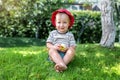 Cute adorable 2 years old caucasian blond toddler boy enjoy eating juicy sweet tasty apple fruit sitting on green grass Royalty Free Stock Photo