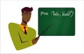 Cute adult Pakistani teacher on the background of the chalkboard points with a pointer to the phrase Hello world