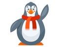 cute adult penguin in a scarf waves his paw.