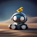 Cute robot with a bird on its head - ai generated image Royalty Free Stock Photo