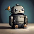 Cute robot with a bird on its head - ai generated image Royalty Free Stock Photo