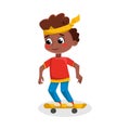 Cute Afrcian Amercian Boy Riding Skateboard, Active Healthy Lifestyle Concept Cartoon Style Vector Illustration