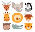 Cute Africa animals - elephant, zebra, lion, monkey, crocodile, cheetah, leopard, yak, antelope. Childish characters for your