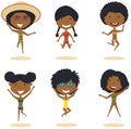 Cute African-Amercian female characters jumping on the beach vector illustration.