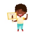 Cute African American Boy Character Holding Flashcard with Finger Image Vector Illustration