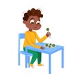 Cute African American Boy Eating Brussels Sprouts, Child Does Not Like Vegetables Cartoon Style Vector Illustration