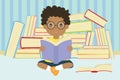 Cute African American Boy Reading Cartoon Vector Royalty Free Stock Photo