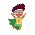 Cute African American Boy Wearing Cape as Superhero Jumping Pretending Having Power for Fighting Crime Vector