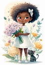 Cute African American girl with a bouquet of flowers and a kitten. Watercolor painting