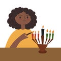 Cute African American girl burning candle for Kwanzaa celebration. Sweet cartoon character celebrating Kwanza festival -