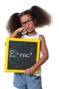 Cute african american girl with glasses holding a sign with a famous physics formula