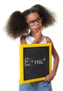 Cute african american girl with glasses holding a sign with a famous physics formula