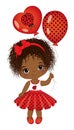 Cute African American Girl Holding Air Balloons. Vector Ladybug Girl