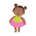 Cute african american girl with inflatable circle. Children activities. Cartoon vector hand drawn eps 10 illustration Royalty Free Stock Photo