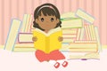 Cute African American Girl Reading Cartoon Vector Royalty Free Stock Photo