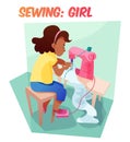 Cute african american girl sewing at machine