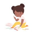 Cute African American Girl Sitting on the Floor and Drawing Picture with Pencils, Adorable Young Artist Cartoon Royalty Free Stock Photo