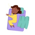 Cute African American Girl Sleeping Sweetly in her Bed, View from Above, Bedtime, Sweet Dreams of Adorable Kid Concept Royalty Free Stock Photo
