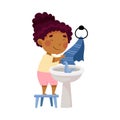 Cute African American Girl Standing on Stool Near Wash Stand Drying Hands on Towel Engaged in Personal Hygiene Vector Royalty Free Stock Photo