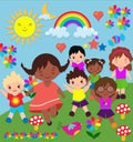 Cute girls African American and blonde children vector illustration playing outside