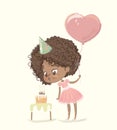 Cute African-American happy girl with the balloon and birthday hat wearing pink dress blowing up the candles on a Royalty Free Stock Photo