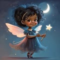 Cute African American little fairy with angel wings and magic wand. Children\'s book illustration. Generative AI Royalty Free Stock Photo