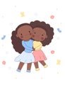 Cute african american little sisters hugging. Sisterhood. Kawaii illustration