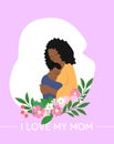 Cute African American mother holding her cute baby with flowers vector illustration. Happy mothers day. I love my mom Royalty Free Stock Photo