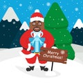 Cute african american Santa Claus with a gift in its hands. Landscape of mountains , forest, snow.