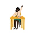 Cute African American Schoolgirl Sitting at Desk and Raising Her Hand to Answer, Elementary School Student Vector Royalty Free Stock Photo