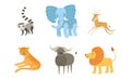 Cute African Animals Set, Raccoon, Elephant, Antelope, Tiger, Lion, Mountain, Sheep Vector Illustration