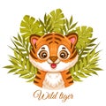 Cute African baby tiger face. Wildcat jungle cub among green tropical leaves. Striped wild cat head. Small leopard kitten vector