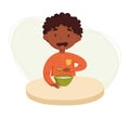 Cute african black boy having breakfast vector illustration. Daily routine. Schedule. Illustration on abstract