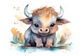 Cute african buffalo baby in watercolor illustration, concept of Wildlife art Royalty Free Stock Photo