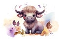 Cute african buffalo baby in watercolor illustration, concept of Wildlife art Royalty Free Stock Photo