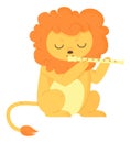 Cute african lion with eyes closed plays the flute. Mesic education, lids band concept. Stock vector illustration Royalty Free Stock Photo