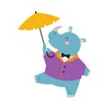 Cute African Rhino Animal in Jacket and Bow Tie with Umbrella Shade Enjoying Hot Summer Activity Vector Illustration