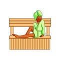 Cute african woman in green clothes sit in hot wood sauna Royalty Free Stock Photo