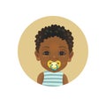 Cute Afro American African child with a soother pacifier emoticon. Dark-skinned toddler with dummy facial expression avatar