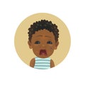 Cute Afro American crying baby emoticon. Tearful African child emoji. Weeping dark-skinned kid smiley. Painful facial expression Royalty Free Stock Photo