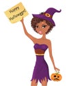 Cute afro-american witch holding a piece of paper with happy halloween text.