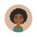 Cute Afro American woman happy facial expression. Smiling African girl avatar. Dark-skinned smiling cartoon model face.