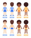 Cute Afro Black Boy. Little Brunette Boy. Happy Two Children are Standing in Clothes. Set. Front Back view. Kids in Shorts and T