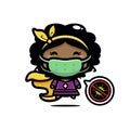 Cute afro female superhero cartoon characters wear masks against the virus