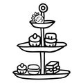 Cute afternoon tea cake stand clipart. Hand drawn breakfast treat pastry. Cupcake domestic crockery lineart in flat color.