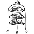 Cute afternoon tea cake stand clipart. Hand drawn breakfast treat pastry. Cupcake domestic crockery lineart in flat color.