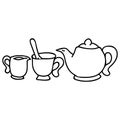 Cute afternoon tea set, teacup, teapot, clipart. Hand drawn breakfast drink kitchenware. Porcelain domestic crockery lineart in Royalty Free Stock Photo