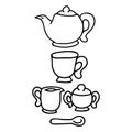 Cute afternoon tea set, teacup, teapot, clipart. Hand drawn breakfast drink kitchenware. Porcelain domestic crockery lineart in