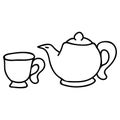 Cute afternoon tea teapot and cup clipart. Hand drawn breakfast drink kitchenware. Porcelain domestic crockery lineart in flat